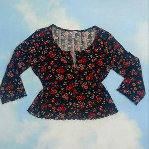 Floral Knit Cardigan Top Button Up 3/4 Sleeve Stylish Floral Print Red Roses Top